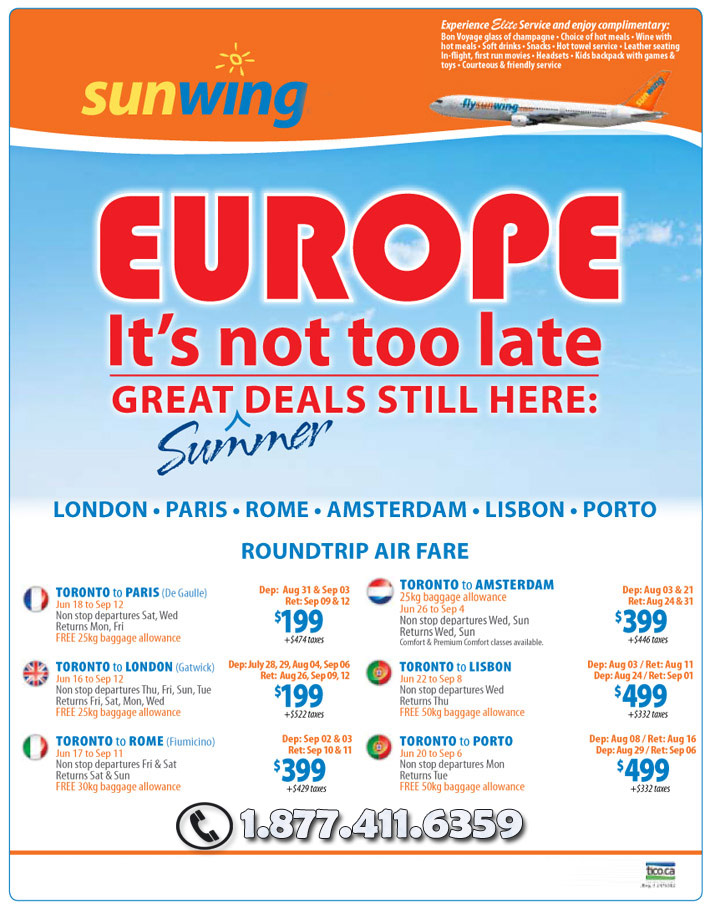 Sunwing Vacations Specials - Cheap Summer Deals to Europe - Deals from $199