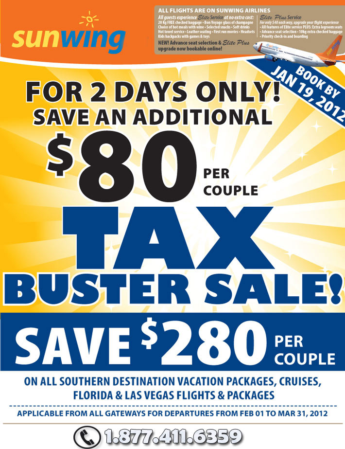 Sunwing Airlines Specials - Tax Buster Sale on Canada and Europe flights